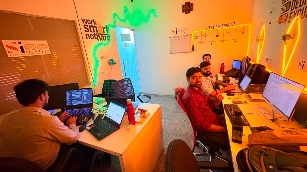 State Infotech team working together in the office